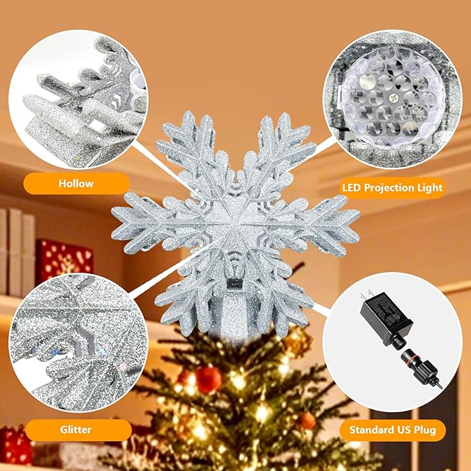 Christmas Snowflake Tree Topper with Rotating LED Projector, 3D Glitter Snowflake Plug-in Tree Top Ornament for Indoor Christmas Tree Decorations Holiday Decor