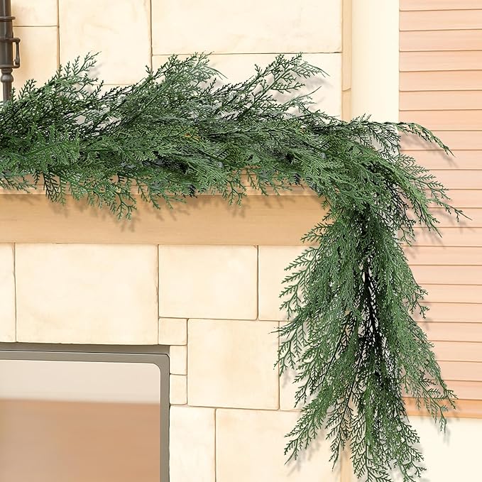 Artificial Cedar Christmas Garland Real Touch Realistic Soft and Thickness Garland Faux Full Greenery Holiday Garland for Mantel Fireplace Front Door Indoor Outdoor Xmas Decor (6FT-Deluxe Cedar)