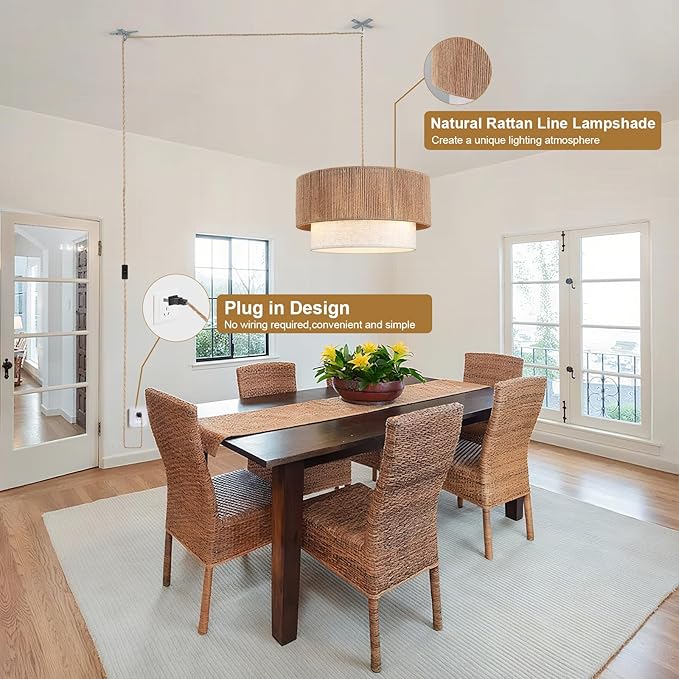 Plug in Pendant Light, 18" Rattan Plug in Chandelier with Fabric Shade, E26 On/Off Switch, Plug in Hanging Pendant Light for Dining Room Living Room Kitchen Foyer