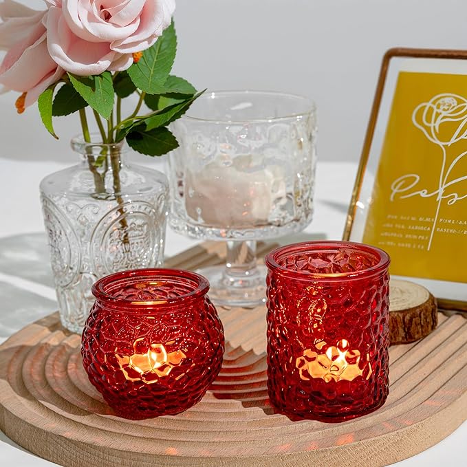 24-Piece Red Glass Votive Candle Holders Set – Tealight Candle Holder Glass Bulk with 12 Round & 12 Hammered Textured Cups, Red Votive Candle Holders for Weddings, Parties, Home