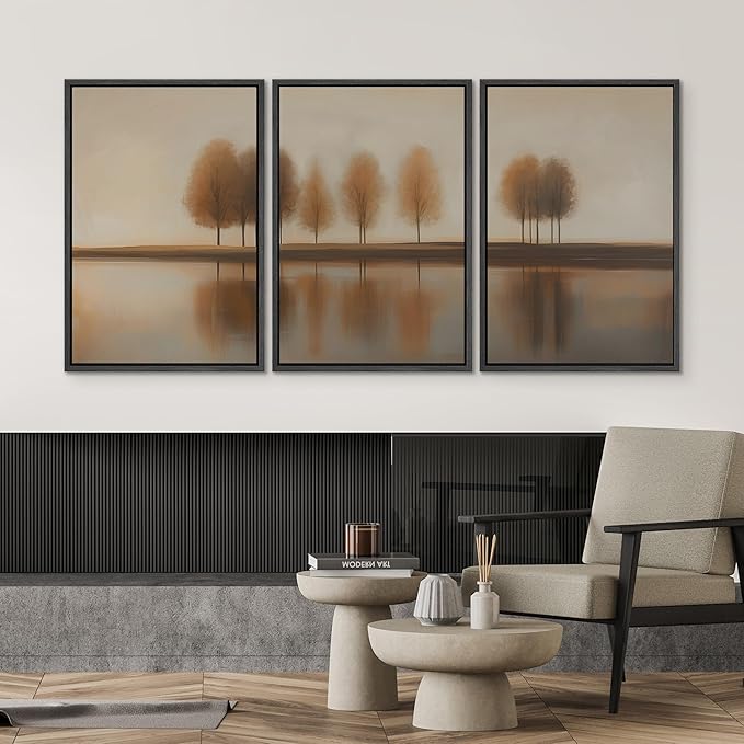 SIGNWIN Framed Canvas Print Wall Art Set Golden Autumn Trees by The Lake Tranquil Nature in Warm Earth Tones Illustrations Modern Art Decorative Zen for Living Room, Bedroom, Office - 24"x36"x3 Black