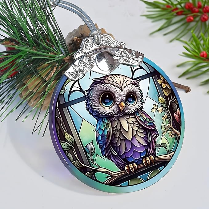 Owl Christmas Ornaments - Stained Glass Holiday Decorations, Tree Ornaments, Xmas Gifts for Owl Lovers