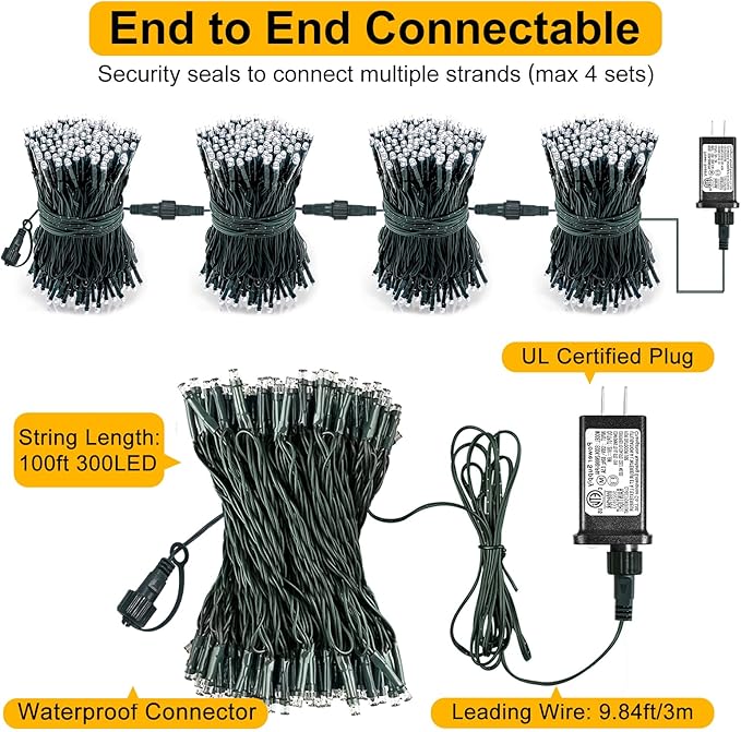 Pink Christmas Lights Outdoor, 100FT 300 LED Christmas Tree Lights with 8 Modes Waterproof, Plug in Connectable Christmas String Lights Green Wire for Indoor Patio Garden Xmas Love Party Decorations