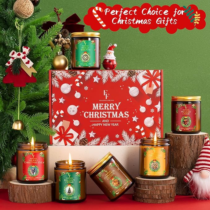 Christmas Candles Set, Scented Candles for Home, 6 Pack Holiday Natural Soy Candles, Christmas Gifts for Women Men, Winter Fragrance of Cedar/Cookies/Cider/Cinnamon/Wreath/Christmas Eve