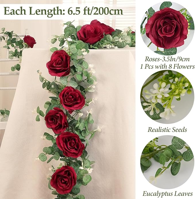 Dolicer 2Pcs 13Ft Artificial Eucalyptus Garlands with Flowers - 8 Roses, Faux Floral Greenery Garlands Fake Flowers Vines for Wedding Table Centerpieces Arch Party Ceremony Backdrop Decor (Red)