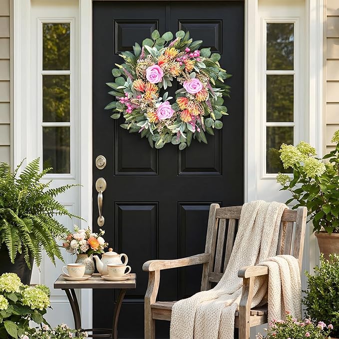 24 Inch Spring Rose Wreath Handmade Wreath for Front Door, with Eucalyptus Berries & Flocking Prote, Farmhouse Wreath for Home Indoor Outdoor Wall Festival Farmhouse Holiday Decor Year Round