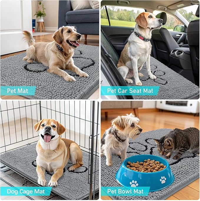 OLANLY Dog Door Mat for Muddy Paws 30x20, Paw Print Design, Absorbs Moisture and Dirt, Absorbent Non-Slip Washable Doormat, Quick Dry Chenille Mud Mat for Dogs, Entry Indoor Entryway Carpet, Grey