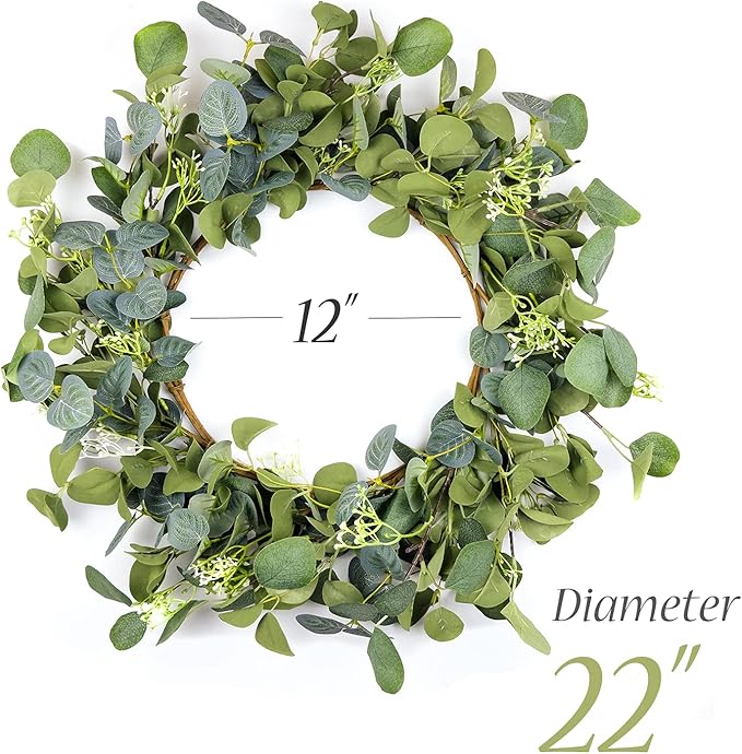 Eucalyptus Wreaths for Front Door 22", Handmade Green Leaves Wreath for Summer, Spring and All Seasons, Greenery Floral Wreath for Wall and Outside