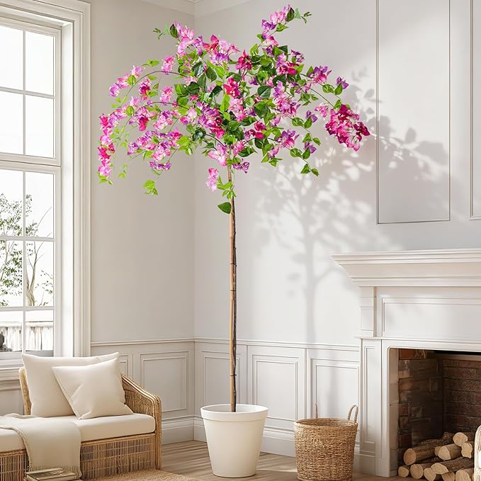 7.2FT Artificial Bougainvillea Tree Artificial Tree Tall Potted Fake Bougainvillea Trees for Outdoor Indoor Lifelike Potted Faux Plants with Wood Trunk and Flowers Office Wedding Home Decor