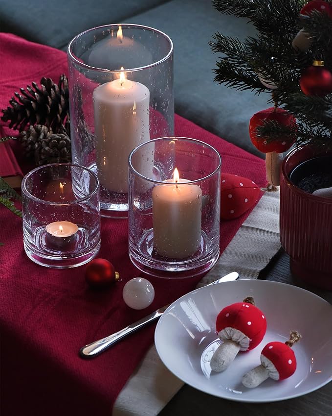 ARIAMOTION Hurricane Glass Candle Holders Set, Pillar Votive,Clear Seeded Bubbles Cylinder Vase,Modern Rustic Table Centerpieces Bulk, 3 Sizes 8 Inch 5 Inch 3.5 Inch Height