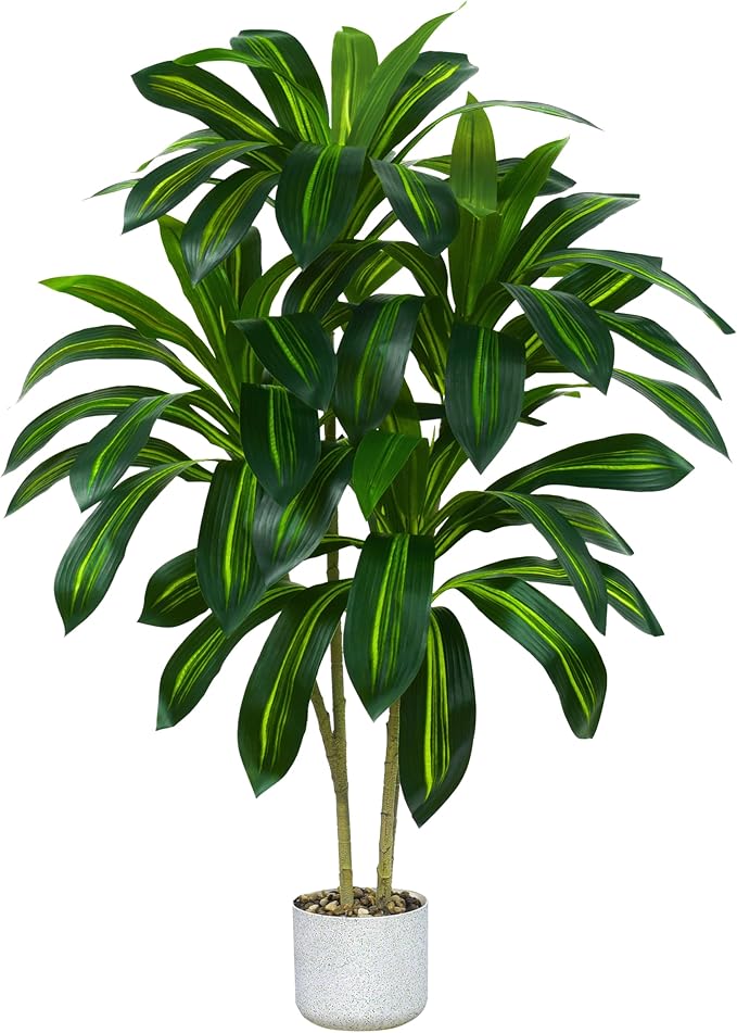 Artificial Dracaena Plant 4FT Tall - Fake Tree with White Planter - Faux Yucca Tall Fake Floor Plant in Pot - Artificial Trees for Home Bedroom Office Indoor Living Room Decoration