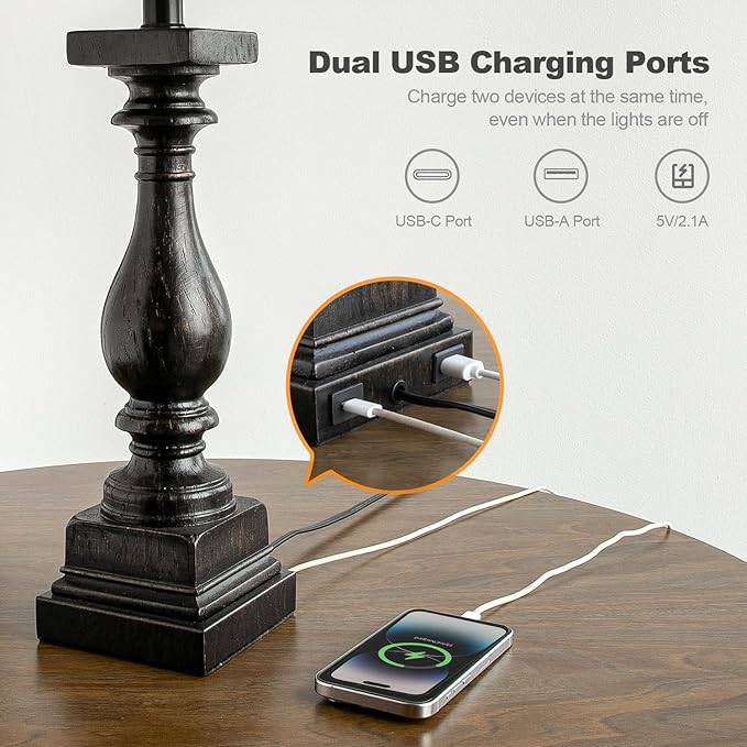BOBOMOMO 27" Farmhouse Table Lamp Set of 2 with USB A+C for Bedroom Living Room Vintage Rustic Traditional Nightstand Bedside Lamps Retro Side Table Lamps (Black)