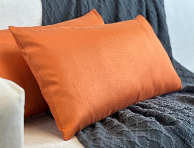 Aiking Home 12x24 Inches Faux Silk Rectangular Throw Pillow Cover, Zipper Closure, Orange (Set of 2)