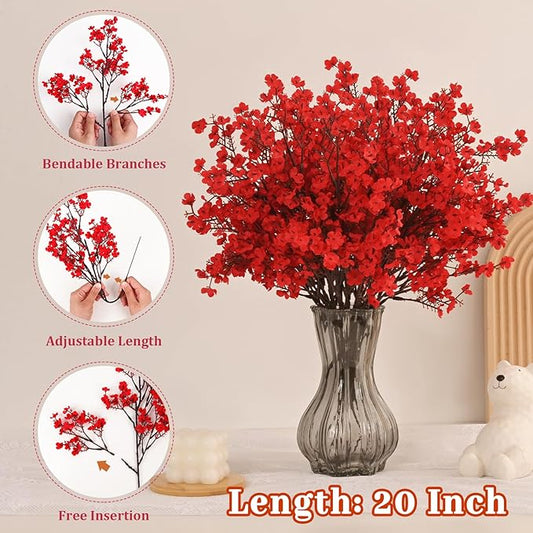 Yastouay Red Fake Flowers Artificial Flowers, 5Pcs Real Touch Silk Flowers Faux Flowers for Decorations, Babys Breath Artificial Flowers Bulk for Spring Decor Floral Arrangement