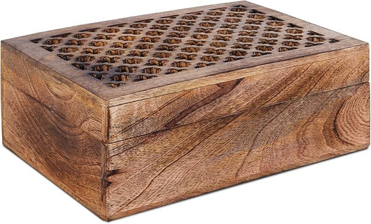 Mela Artisans Wooden Keepsake Box | Medium Burnt Mango Wood Memory & Photo Storage Box with Hinged Lid | Decorative Storage Box | Extra Large | 10.5x7.5x4 Inch