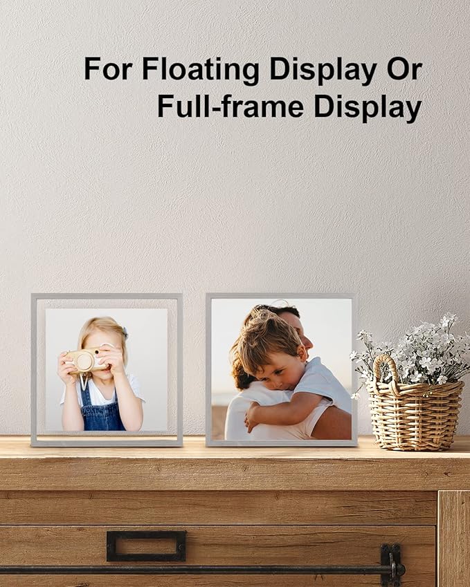 Egofine 8x8 Floating Frames Set of 2, Double Plexiglass Picture Frame, Made of Solid Wood Display Any Size Photo up to 8x8, Wall Mount or Tabletop Standing, Light Grey