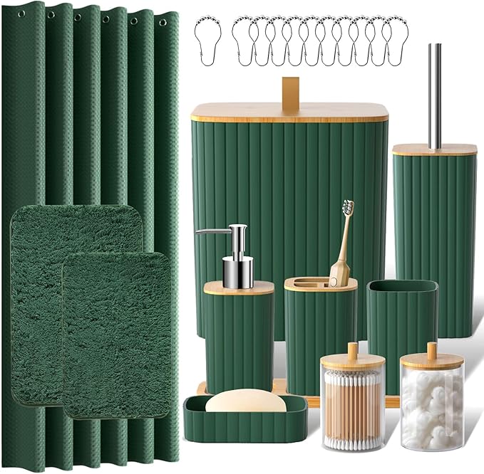 Bathroom Accessories Set - 24PCS Bathroom Set with Shower Curtain and Rugs, Trash Can, Toilet Brush Holder Set & Soap Dispenser – Stylish & Functional Bath Decor for Home, Apartment, Green