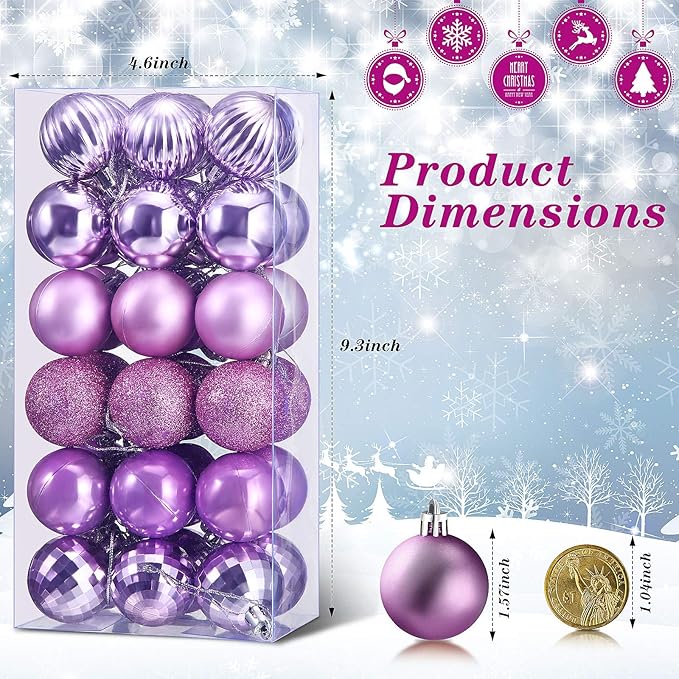 36 Pieces Christmas Ball Ornaments Shatterproof Christmas Decorations Tree Balls for Tree Ornaments Holiday Wedding Party Decoration Hooks 1.57 Inch (Light Purple)