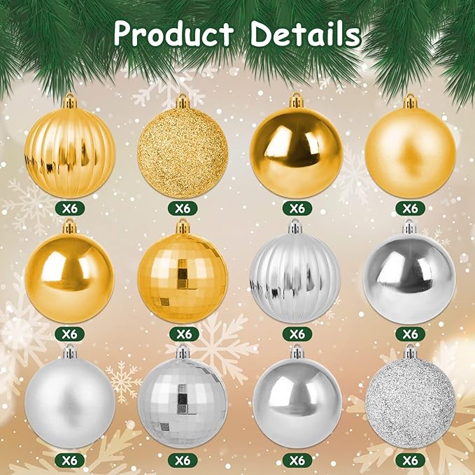 72Pcs Gold Silver Ornaments Balls, Decorative Shatterproof Hanging Christmas Balls Ornaments for Christmas Tree Home Office Decor Present for Party Wedding, 1.6Inch