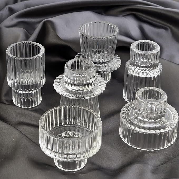 Clear Candlestick Holders 12PCS Ribbed Glass Taper Candle Holders for Tealight Stick Candles Table Centerpieces Thanksgiving Christmas Indoor and Outdoor Decorations