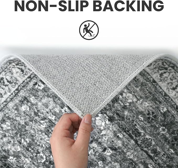 2x3 Washable Small Area Rug for Entryway, Moss Charcoal Soft Non-Slip Indoor Door Mat Distressed Floral Low-Pile Kitchen Rugs, Neutral Vintage Carpet for Entrance Bedside Farmhouse