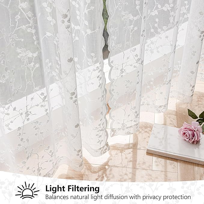 96-Inch White Lace Sheer Curtains – Vintage Branch Pattern Lace for Bedroom/Living Room, Light Filtering Rod Pocket Drapes, Privacy Chic Window Treatments, 52W x 96L Inch, 2-Panel Set