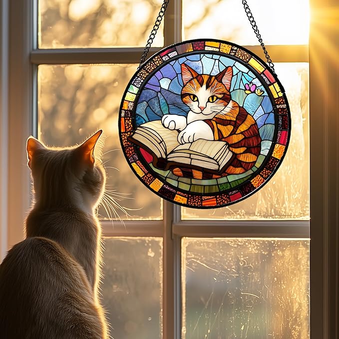 Stained Glass Window Hanging Little Cat Reading 6.3" - Suncatcher Door Garden Kitchen Sunroom Sun Catcher Home Decor Birthday for Lost Pets Mom Grandma Men Woman Friend