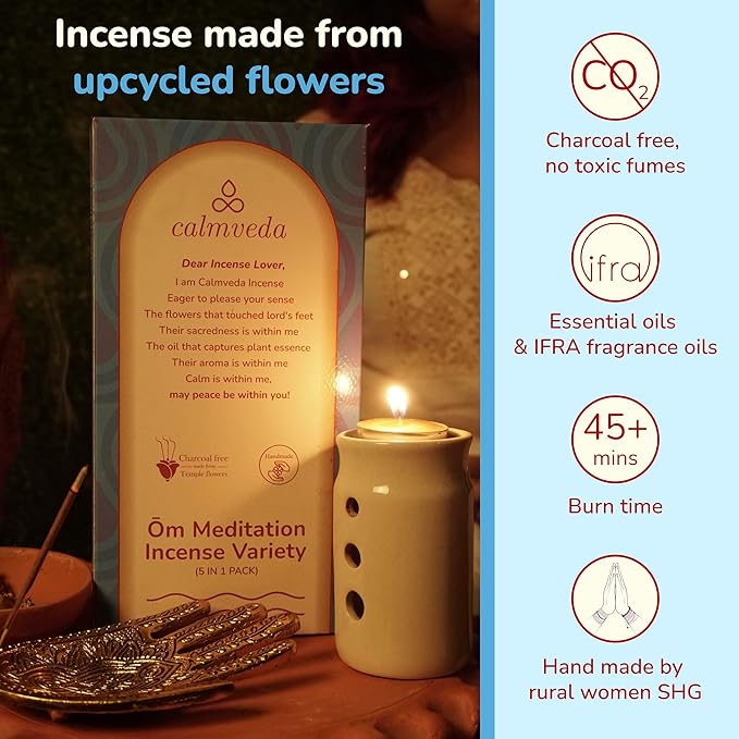 Ōm Meditation Incense Sticks - (5 Variants, 60 Insenses) Charcoal Free Inscents-Sticks | Nag Champa, 60s Patchouli Incense, Lavender Incense, Cinnamon & Sandalwood Incense, Perfect Care Gift