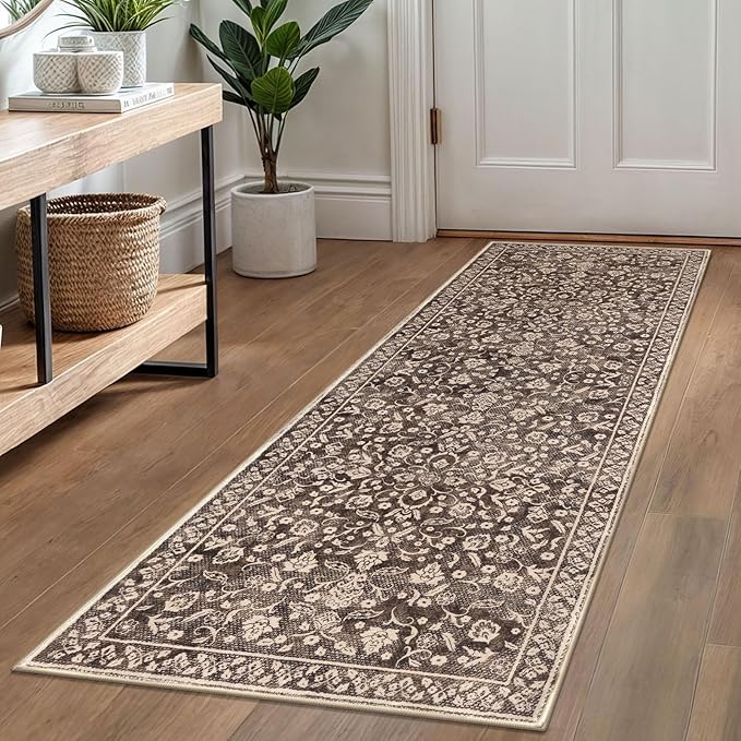 Vintage Washable Runner Rug 2x6, Rust Brown Red Runners for hallways, Super Soft Kitchen Runner Rug Non Slip, Printed Faux Wool Floral Thin Carpet Runner for Entryway Laundry Room Bedroom