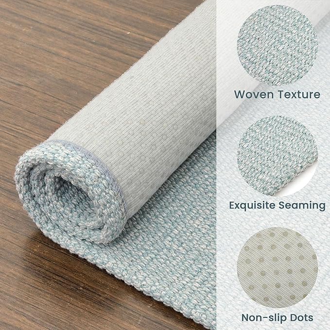 EARTHALL Small Area Rug 2x3 Ft Washable Rugs for Entryway Non Slip Braided Throw Rugs Door Mat Indoor Outdoor Entrance Cotton Woven Carpet for Kitchen Foyer Front Door, Turquoise/Gray