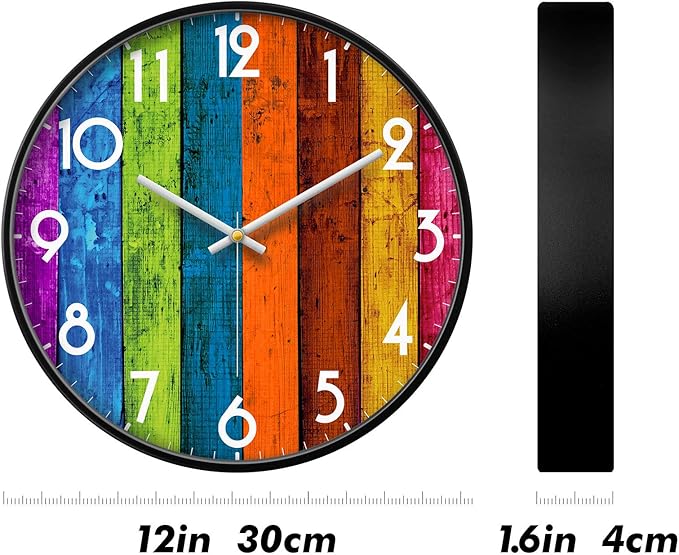 Silent Non-Ticking Wall Clock Colorful Multicolour Analog Large Display Mid Century Modern Battery Operated Quiet Unique Clock Vintage Decor for Living Room Garage Kitchen Kids Room Bathroom 12inch