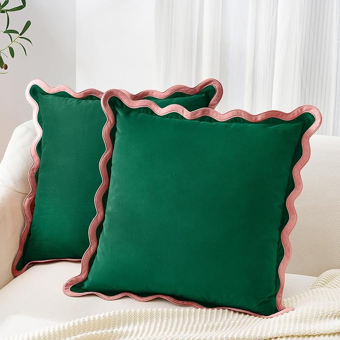 MONDAY MOOSE Decorative Throw Pillow Covers Cushion Cases, Set of 2 Soft Velvet Scalloped Wavy Edge Designs, Mix and Match for Home Decor, Pillow Inserts Not Included (22x22 inch, Pink/Green)