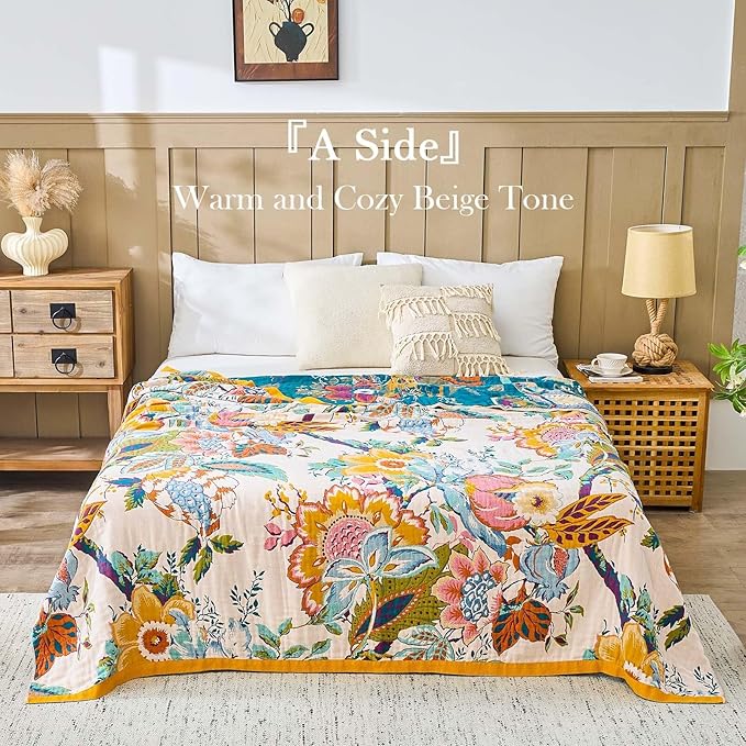 Farmhouse Throw Blanket, 50"x 60" Boho Throw Blankets for Couch Cover, 100% Cotton Bohemian Vintage Quilt for All Seasons Reversible Florals Lightweight Picnic Blankets Home Decoration