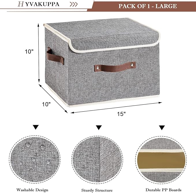 2PCS Collapsible Storage Boxes Baskets with Lid Cotton Linen Fabric Storage Bins with Faux Leather Handles Washable Cube Organizer Container for Home Closet Bedroom (Gray, Large Size)