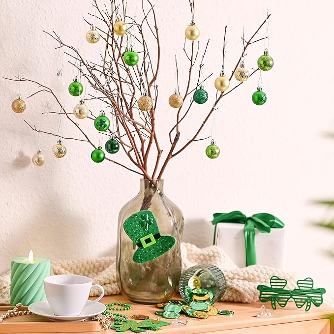 DecorbyHannah St Patricks Day Decorations Shamrock Christmas Tree Ornaments Set, 49ct 1.18inches Mini Green Gold St. Patrick's Day Shatterproof Luck Clover Small Hanging Ornament for Irish Day Party
