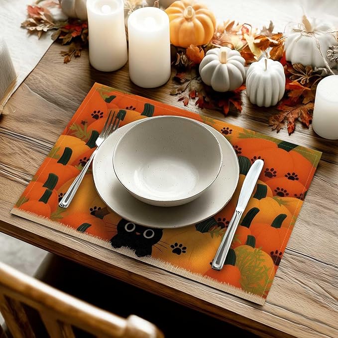 Double Side Set of 4 Cute Black Kitty Pumpkins Fall Placemats Seasonal Autumn Harvest Table Mats for Indoor Outdoor Home Party Dining Decor Farmhouse Burlap Table Mats 12x18 Inch #WP020