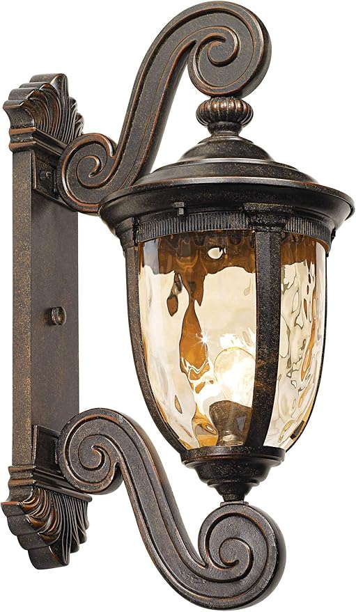 John Timberland Bellagio European Outdoor Wall Light Fixture Bronze Scroll 24" Champagne Hammered Glass Decor for Exterior House Porch Patio Outside Deck Garage Yard Front Door Garden Home
