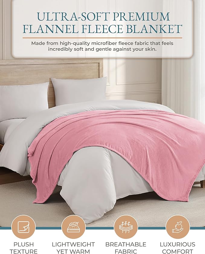 Casa Platino Fleece Throw Blanket – Soft Flannel Blanket 50x60 for Sofa, Couch, Bed – Lightweight & Cozy for All Seasons for Her, Teen Girls or Kids - Pink