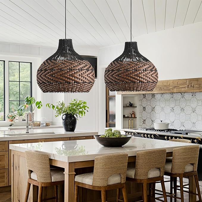 3-Light Rattan Pendant Light,15" Hand-Woven Black Brown Faux Rattan Hanging Light Boho 1-Pack Wicker Basket Chandelier,for Living Room Bedroom Kitchen Dining Farmhouse
