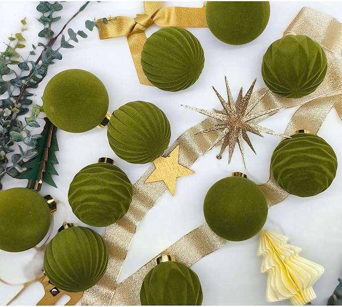 15PCS Green Velvet Flocked Christmas Ornaments, 3.15" Shatterproof Matte Balls for Xmas Tree Decor, Elegant Luxury Holiday Ornaments (Green)