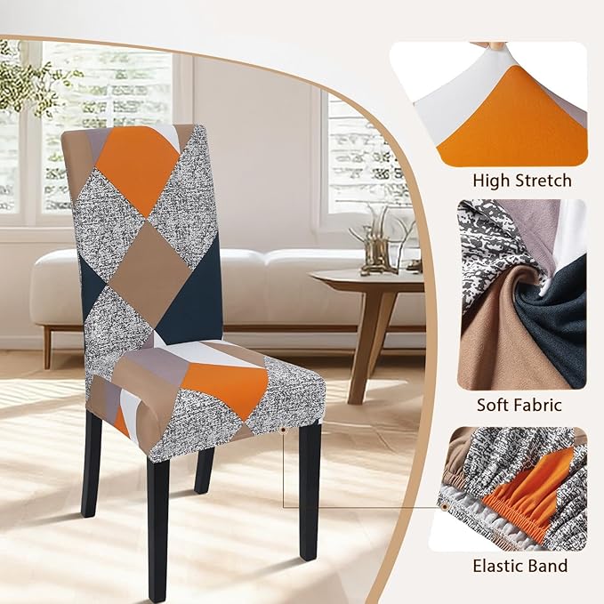 SearchI 6 Pack Super Fit Stretch Removable Washable Short Dining Chair Covers Slipcover Protector, Spandex Fabric Chair Cover for Dining Room, Hotel, Ceremony (Geometric1, 6 per Set)