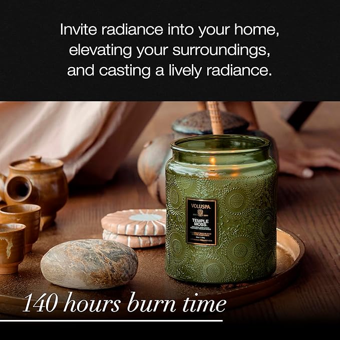 Voluspa Temple Moss, Two Wick Luxe Candle Jar, 44 oz, Coconut Wax Blend, Scented Candles for Home, 140 Hour Burn Time, Handcrafted in the USA