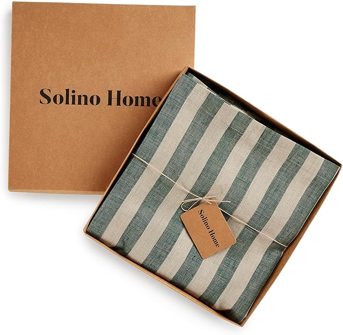 Solino Home Linen Tablecloth 60 x 90 Inch - Sorrento Stripe 100% Pure Linen Hunter Green and Natural Table Cloth for Rectangle Tables - Machine Washable Tablecloth for Winter, St Patricks Day, Easter