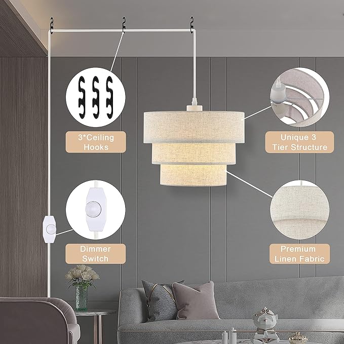 Plug in Pendant Light, Hanging Lamp with Dimmable Switch, Pendant Light Fixtures with 15 Ft Cord, Swag Light with Linen Fabric Shade for Bedroom, Kitchen, Living Room, Dining Table