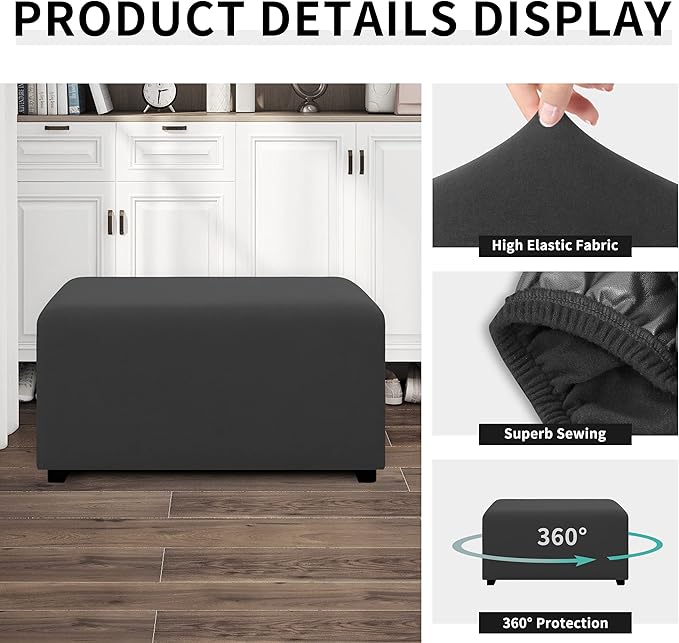 Easy-Going 100% Dual Waterproof Stretch Ottoman Cover Rectangle Folding Storage Stool Furniture Protector Soft Slipcover for Living Room with Elastic Bottom (XX Large, Dark Gray)
