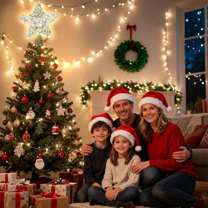 LAWOHO Christmas Tree Topper Star, Exquisite Christmas Decor, 10 Inch Shiny Silver Christmas Tree Decoration with 6H Timer, 20 Warm LED Lights for Xmas Tree, Holiday & Party, Indoor Decor