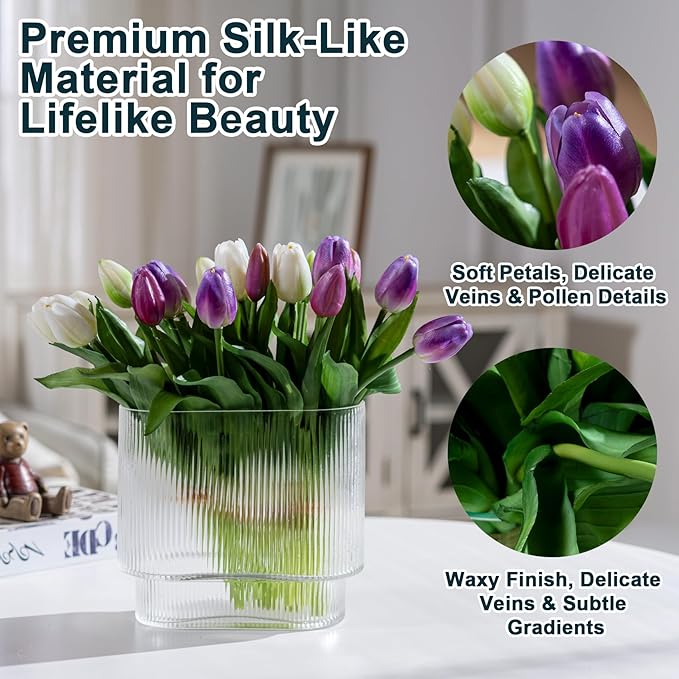 20PCS Fake Tulips Artificial Tulip Silk Flowers Fake PU Bouquet Artificial Flowers Faux Flowers with Gift Box Soft Faux Tulips Bouquets Arrangements for Party Wedding Home