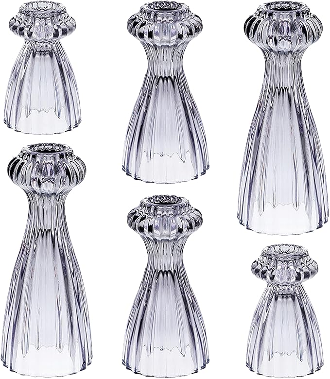 Lysenn Glass Candle Stick Holder Set of 6 – Premium Taper Candle Holders for Romantic Ambiance - Candle Sticks Holder Decor for Special Occasions - Smoke Gray