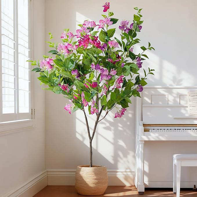 4FT Artificial Bougainvillea Tree Artificial Tree Tall Potted Fake Bougainvillea Trees for Outdoor Indoor Lifelike Potted Faux Plants with Wood Trunk and Flowers Office Wedding Home Decor