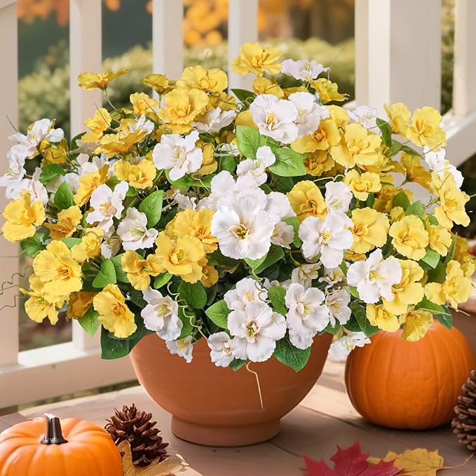 Hibiscus Artificial Flowers Plants for Outdoors Decoration, 6 Bundles Silk Bouquet Tropical Flowers Artificial Realistic UV Resistant Fake Flower for Outside Planter Porch Patio Balcony (Yellow White)